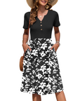 Vestito Donna Ester – Abito Estivo Midi con Scollo a V, Maniche Corte, Bottoni, Vita Impero, Tasche