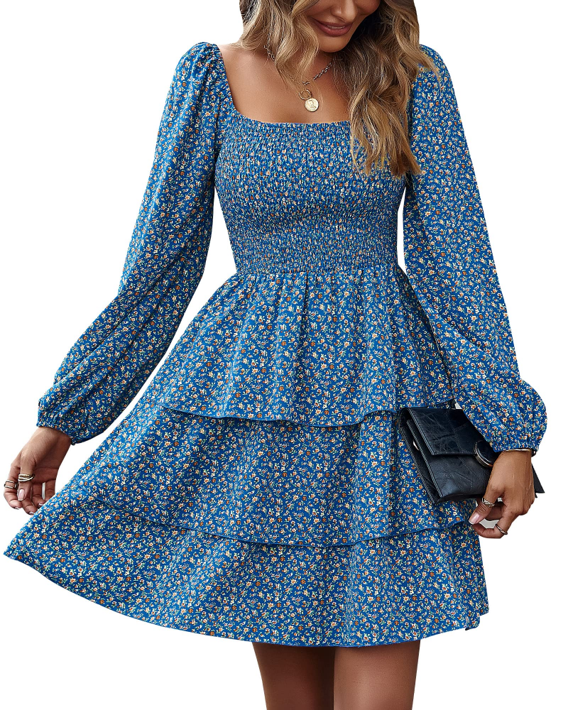 Léa Abito Donna – Abito Bohemien Mini con Scollo Quadrato, Arricciato, Vita Alta, Maniche Lunghe e Volant