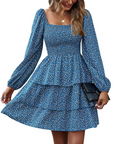 Léa Abito Donna – Abito Bohemien Mini con Scollo Quadrato, Arricciato, Vita Alta, Maniche Lunghe e Volant