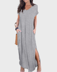 Rosenda Abito Maxi Donna – Scollo a V Maniche Corte, Taglio Fluido e Spacco con Tasche Estate