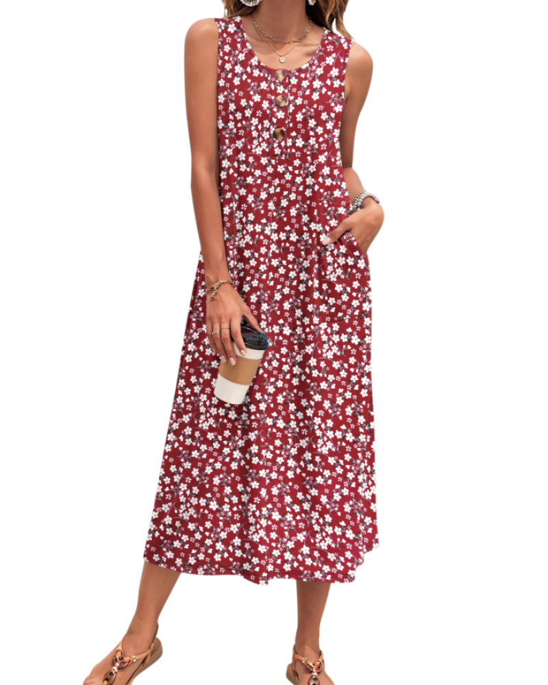 Julia Vestito Donna – Vestito Maxi A-Line Senza Maniche Con Bottoni E Tasche Estate Casual