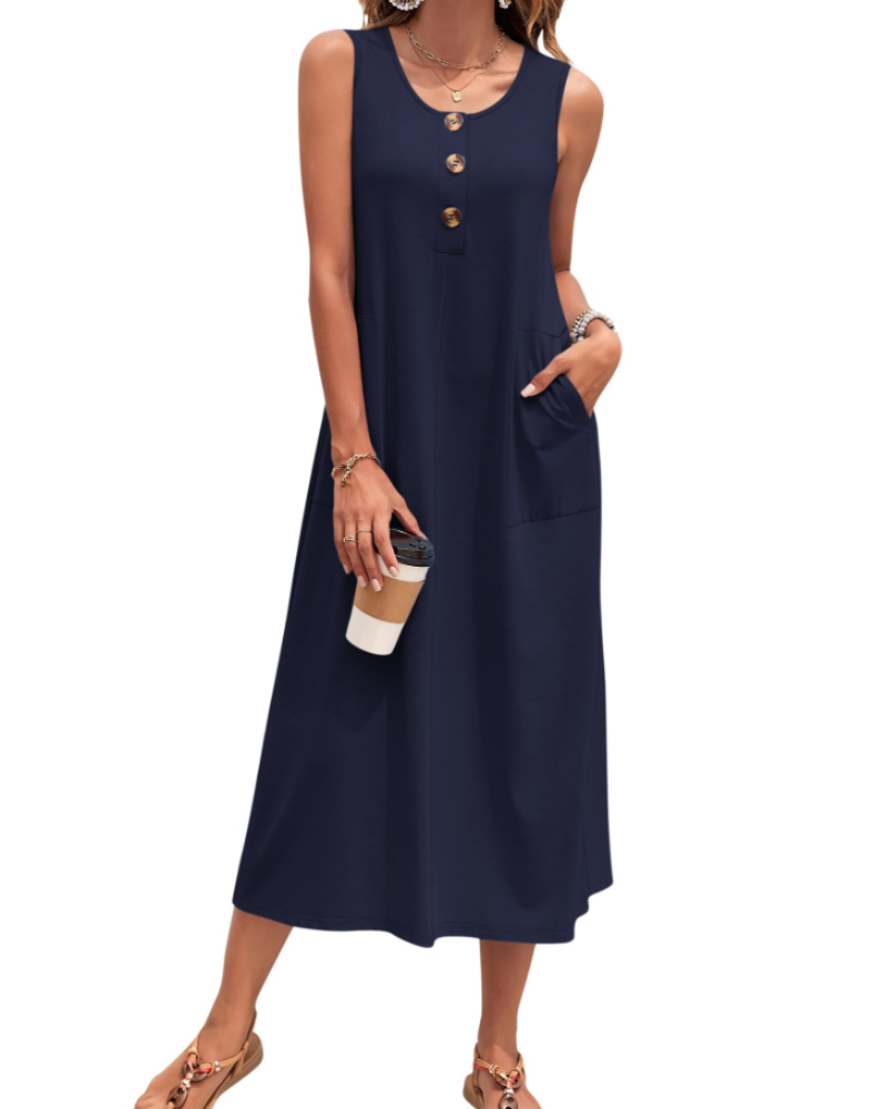 Julia Vestito Donna – Vestito Maxi A-Line Senza Maniche Con Bottoni E Tasche Estate Casual