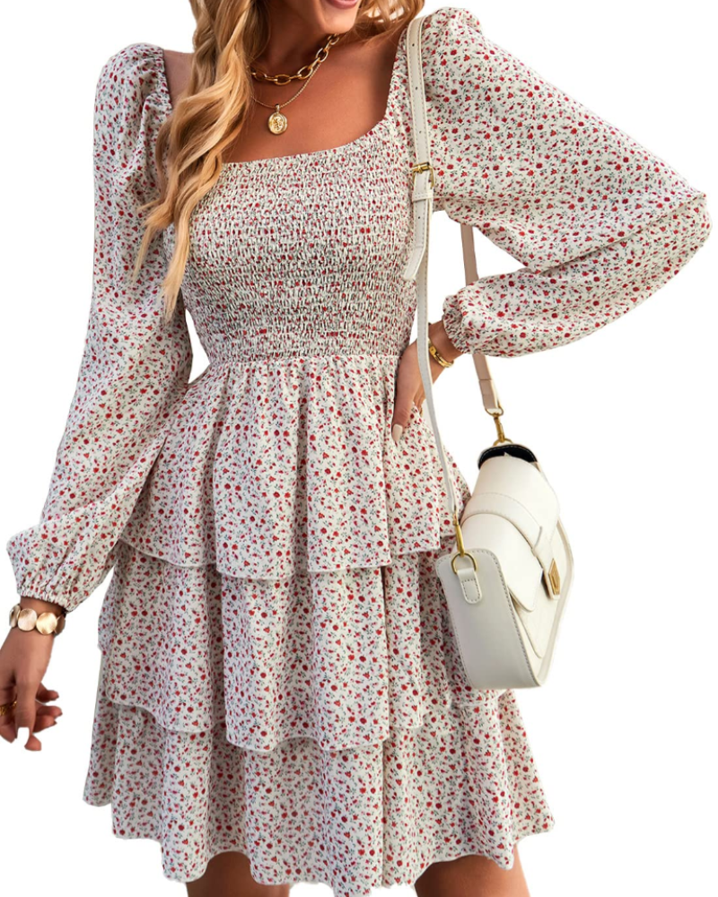 Léa Abito Donna – Abito Bohemien Mini con Scollo Quadrato, Arricciato, Vita Alta, Maniche Lunghe e Volant