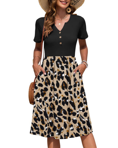 Vestito Donna Ester – Abito Estivo Midi con Scollo a V, Maniche Corte, Bottoni, Vita Impero, Tasche