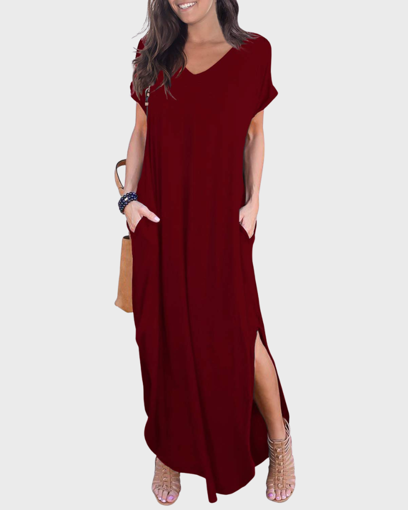 Rosenda Abito Maxi Donna – Scollo a V Maniche Corte, Taglio Fluido e Spacco con Tasche Estate