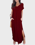 Rosenda Abito Maxi Donna – Scollo a V Maniche Corte, Taglio Fluido e Spacco con Tasche Estate