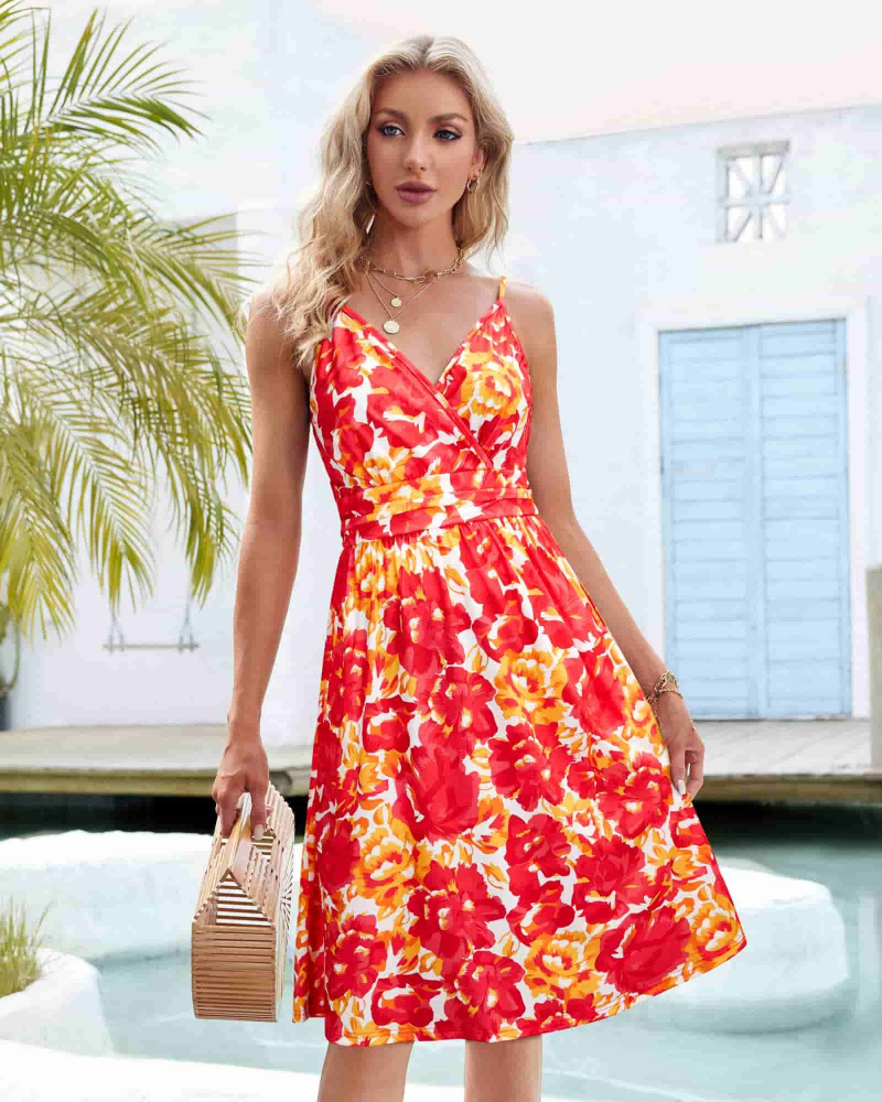 Vestito Midi Verna Donna – Vestito Floreale Scollo a V Spalline Sottili &amp; Taglio A-Line Tasche