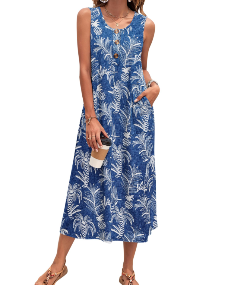 Julia Vestito Donna – Vestito Maxi A-Line Senza Maniche Con Bottoni E Tasche Estate Casual