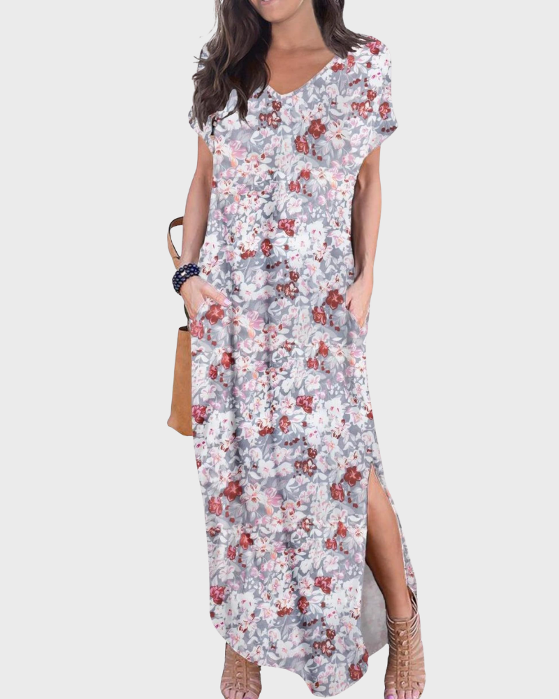 Rosenda Abito Maxi Donna – Scollo a V Maniche Corte, Taglio Fluido e Spacco con Tasche Estate