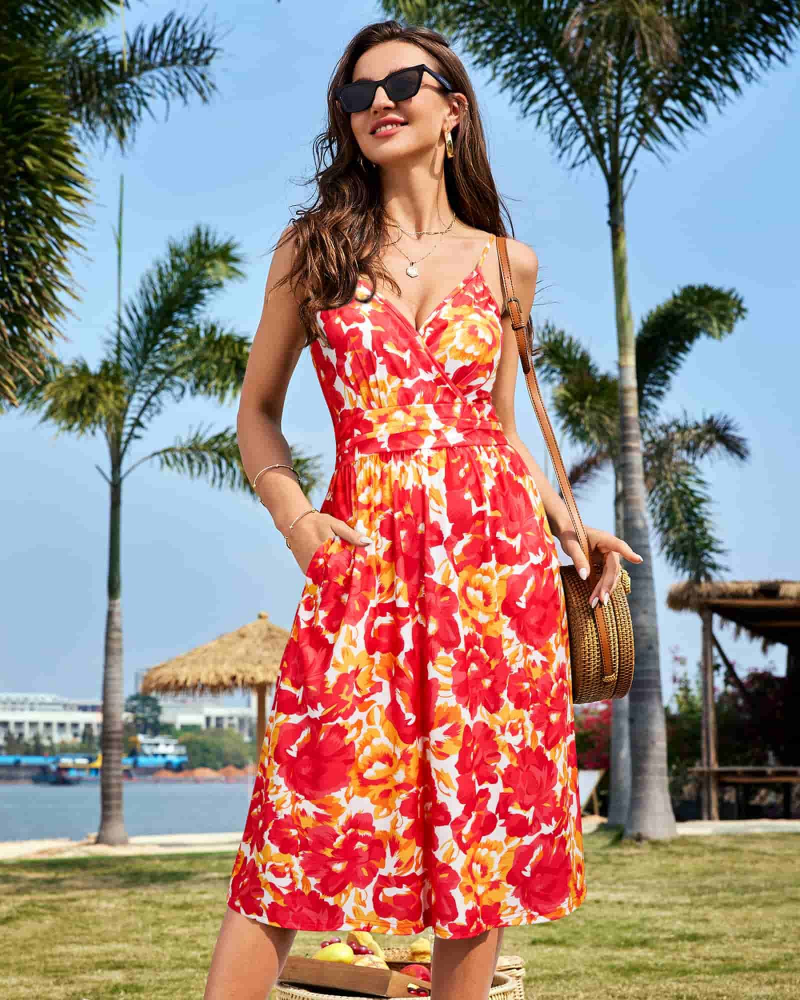 Vestito Midi Verna Donna – Vestito Floreale Scollo a V Spalline Sottili &amp; Taglio A-Line Tasche