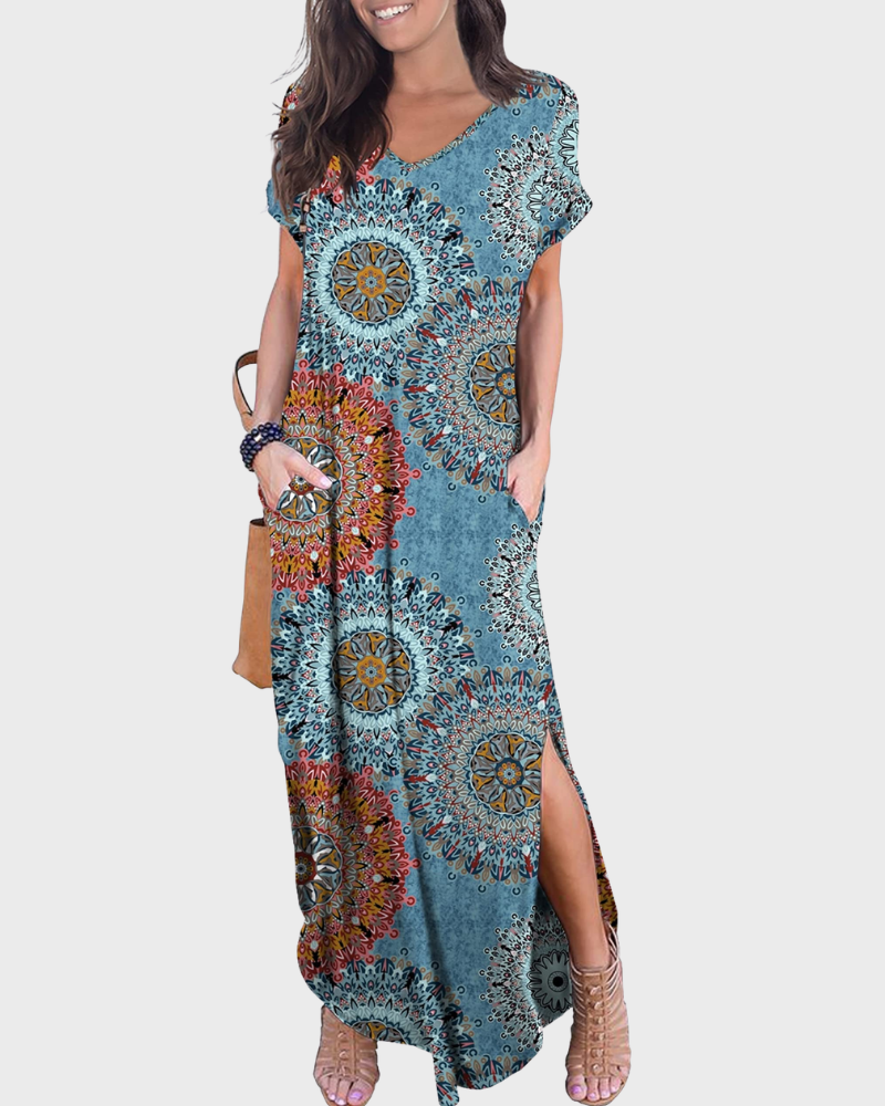 Rosenda Abito Maxi Donna – Scollo a V Maniche Corte, Taglio Fluido e Spacco con Tasche Estate