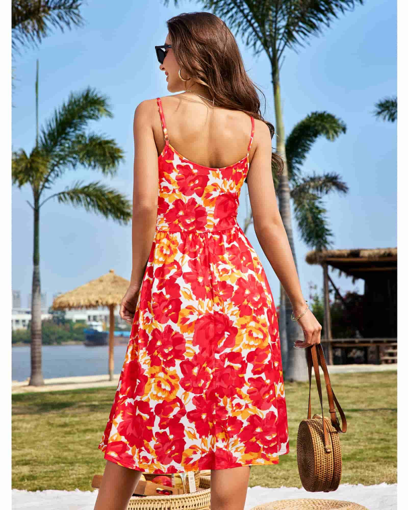 Vestito Midi Verna Donna – Vestito Floreale Scollo a V Spalline Sottili &amp; Taglio A-Line Tasche