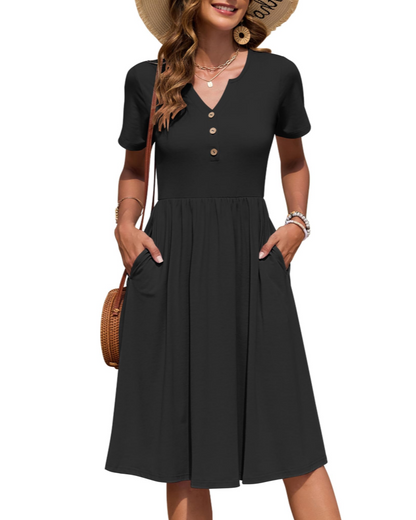 Vestito Donna Ester – Abito Estivo Midi con Scollo a V, Maniche Corte, Bottoni, Vita Impero, Tasche