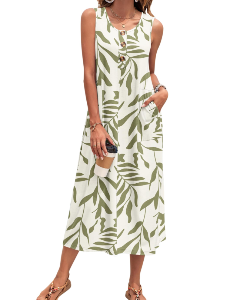 Julia Vestito Donna – Vestito Maxi A-Line Senza Maniche Con Bottoni E Tasche Estate Casual