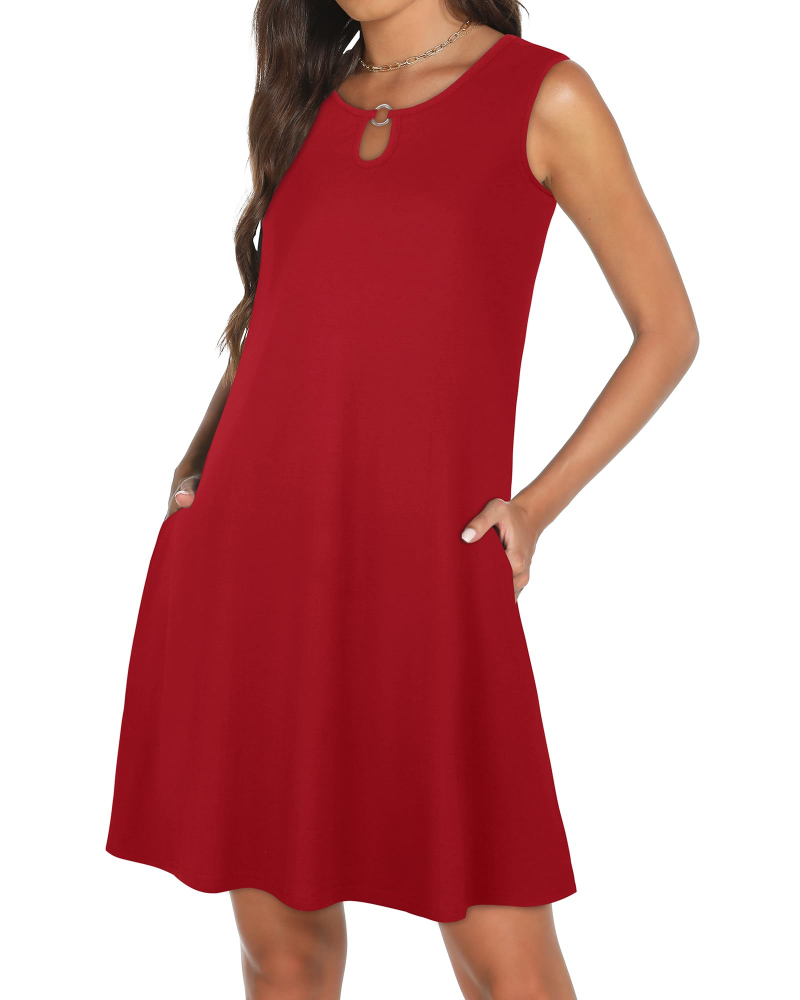Mia Vestito Donna – Vestito Mini Collo a Fessura Senza Maniche Fluido con Tasche Estate Casual