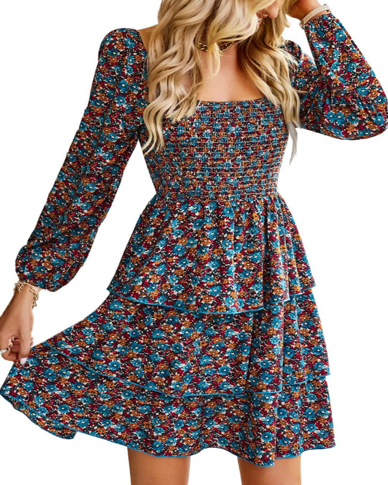Léa Abito Donna – Abito Bohemien Mini con Scollo Quadrato, Arricciato, Vita Alta, Maniche Lunghe e Volant
