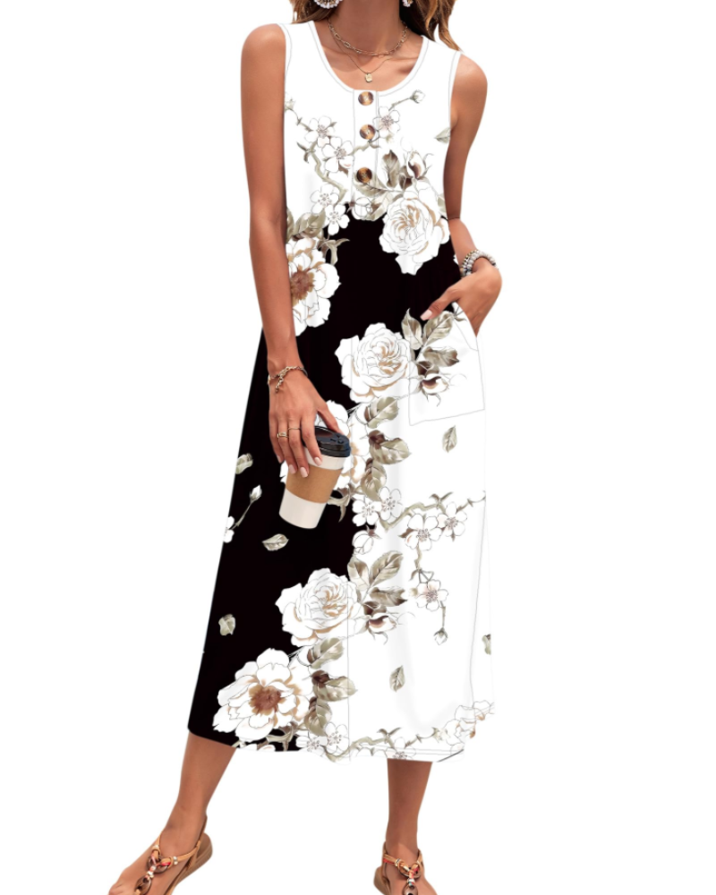 Julia Vestito Donna – Vestito Maxi A-Line Senza Maniche Con Bottoni E Tasche Estate Casual
