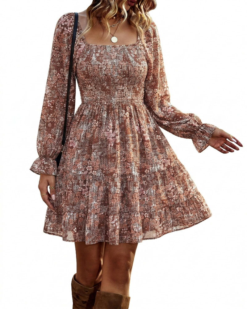 Léa Abito Donna – Abito Bohemien Mini con Scollo Quadrato, Arricciato, Vita Alta, Maniche Lunghe e Volant