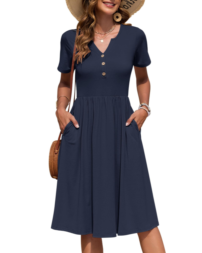 Vestito Donna Ester – Abito Estivo Midi con Scollo a V, Maniche Corte, Bottoni, Vita Impero, Tasche
