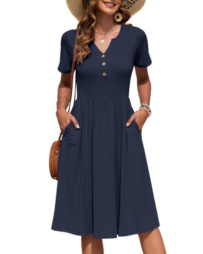 Vestito Donna Ester – Abito Estivo Midi con Scollo a V, Maniche Corte, Bottoni, Vita Impero, Tasche