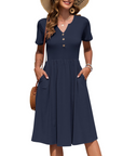 Vestito Donna Ester – Abito Estivo Midi con Scollo a V, Maniche Corte, Bottoni, Vita Impero, Tasche