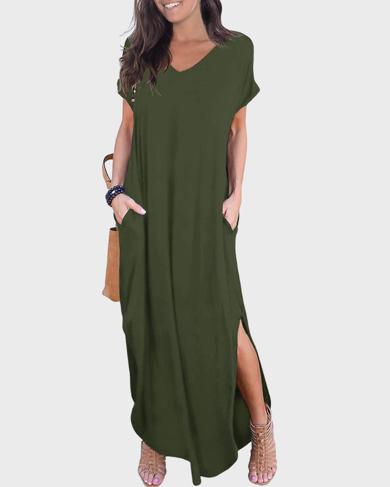 Rosenda Abito Maxi Donna – Scollo a V Maniche Corte, Taglio Fluido e Spacco con Tasche Estate