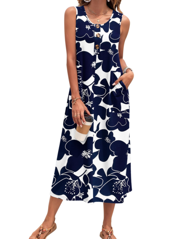 Julia Vestito Donna – Vestito Maxi A-Line Senza Maniche Con Bottoni E Tasche Estate Casual