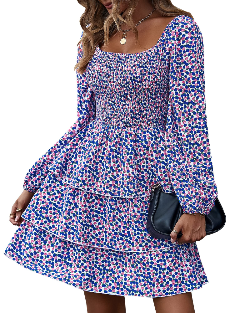 Léa Abito Donna – Abito Bohemien Mini con Scollo Quadrato, Arricciato, Vita Alta, Maniche Lunghe e Volant