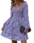 Léa Abito Donna – Abito Bohemien Mini con Scollo Quadrato, Arricciato, Vita Alta, Maniche Lunghe e Volant