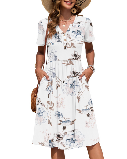 Vestito Donna Ester – Abito Estivo Midi con Scollo a V, Maniche Corte, Bottoni, Vita Impero, Tasche