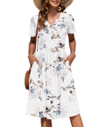 Vestito Donna Ester – Abito Estivo Midi con Scollo a V, Maniche Corte, Bottoni, Vita Impero, Tasche