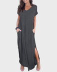 Rosenda Abito Maxi Donna – Scollo a V Maniche Corte, Taglio Fluido e Spacco con Tasche Estate