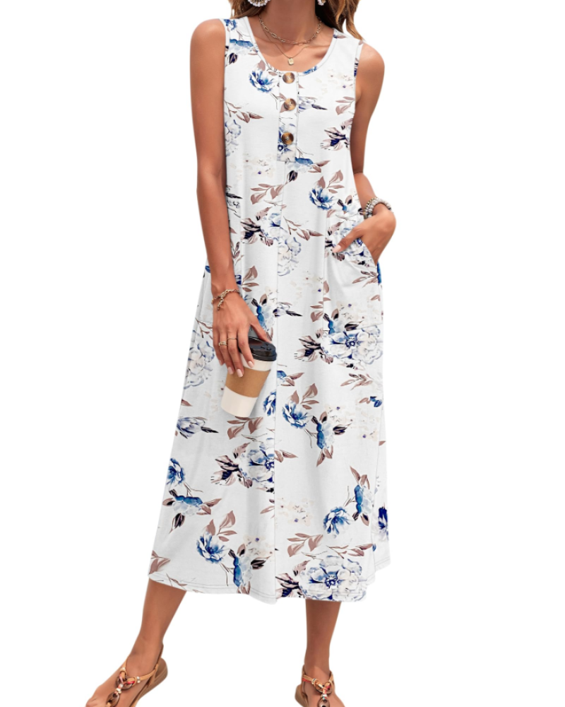 Julia Vestito Donna – Vestito Maxi A-Line Senza Maniche Con Bottoni E Tasche Estate Casual
