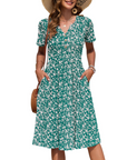 Vestito Donna Ester – Abito Estivo Midi con Scollo a V, Maniche Corte, Bottoni, Vita Impero, Tasche