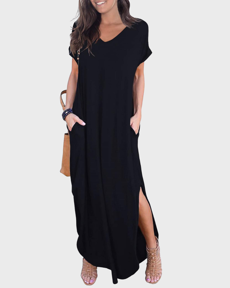 Rosenda Abito Maxi Donna – Scollo a V Maniche Corte, Taglio Fluido e Spacco con Tasche Estate