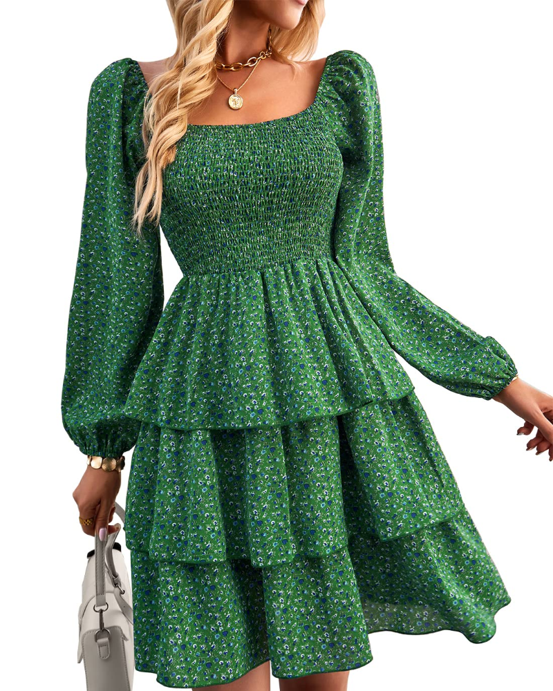 Léa Abito Donna – Abito Bohemien Mini con Scollo Quadrato, Arricciato, Vita Alta, Maniche Lunghe e Volant