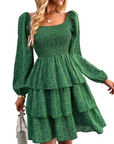 Léa Abito Donna – Abito Bohemien Mini con Scollo Quadrato, Arricciato, Vita Alta, Maniche Lunghe e Volant