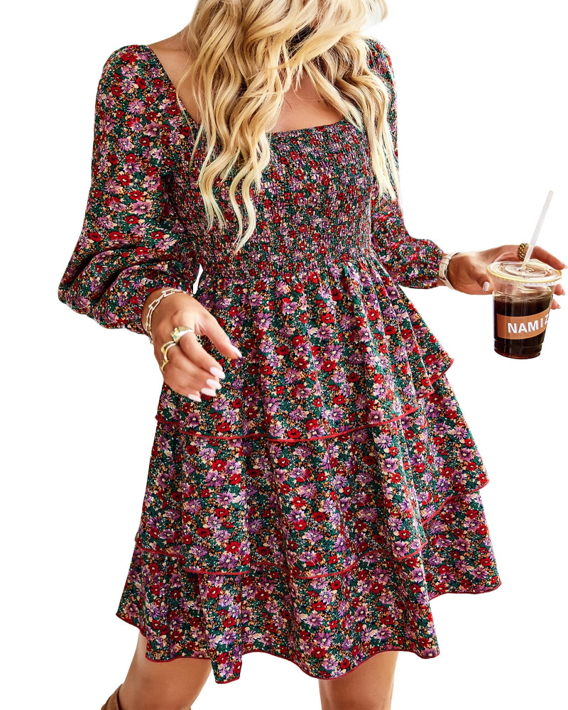 Léa Abito Donna – Abito Bohemien Mini con Scollo Quadrato, Arricciato, Vita Alta, Maniche Lunghe e Volant
