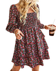 Léa Abito Donna – Abito Bohemien Mini con Scollo Quadrato, Arricciato, Vita Alta, Maniche Lunghe e Volant