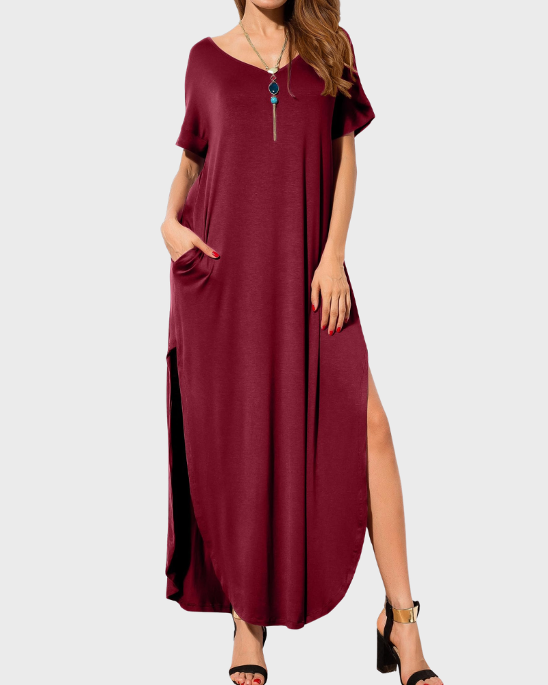 Rosenda Abito Maxi Donna – Scollo a V Maniche Corte, Taglio Fluido e Spacco con Tasche Estate