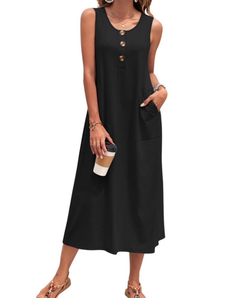 Julia Vestito Donna – Vestito Maxi A-Line Senza Maniche Con Bottoni E Tasche Estate Casual