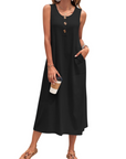 Julia Vestito Donna – Vestito Maxi A-Line Senza Maniche Con Bottoni E Tasche Estate Casual