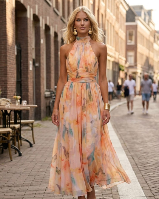 Abito Estivo Amarah Donna – Abito in Mussola con Scollo Halter e Stampa Pesca, Taglio Fluido ed Elegante