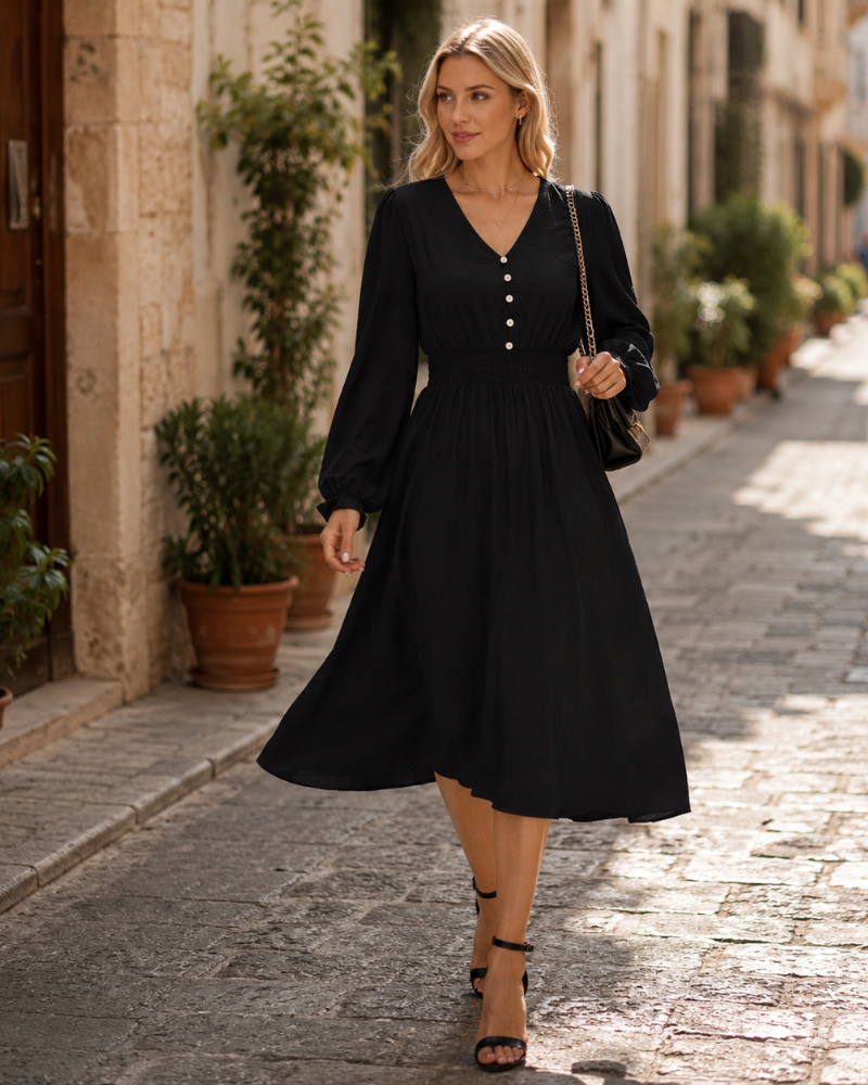 Vestito Emma Donna Midi – Vestito Scollo a V Maniche Lunghe Vita Alta A-Line Elegante