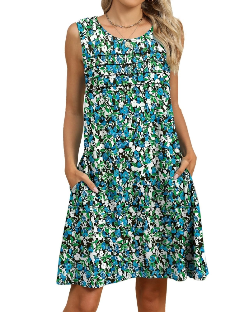 Vestito Midi Viola a Fiori da Donna – Abito Estivo Senza Maniche Plissettato con Tasche