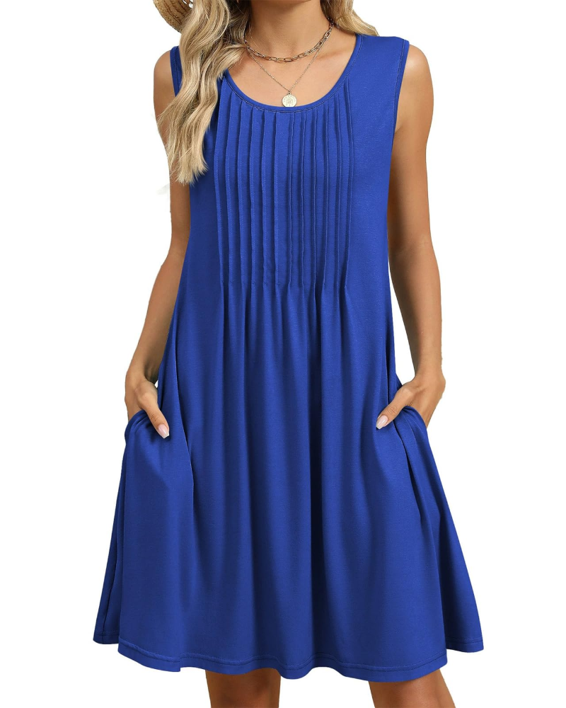 Vestito Midi Viola a Fiori da Donna – Abito Estivo Senza Maniche Plissettato con Tasche