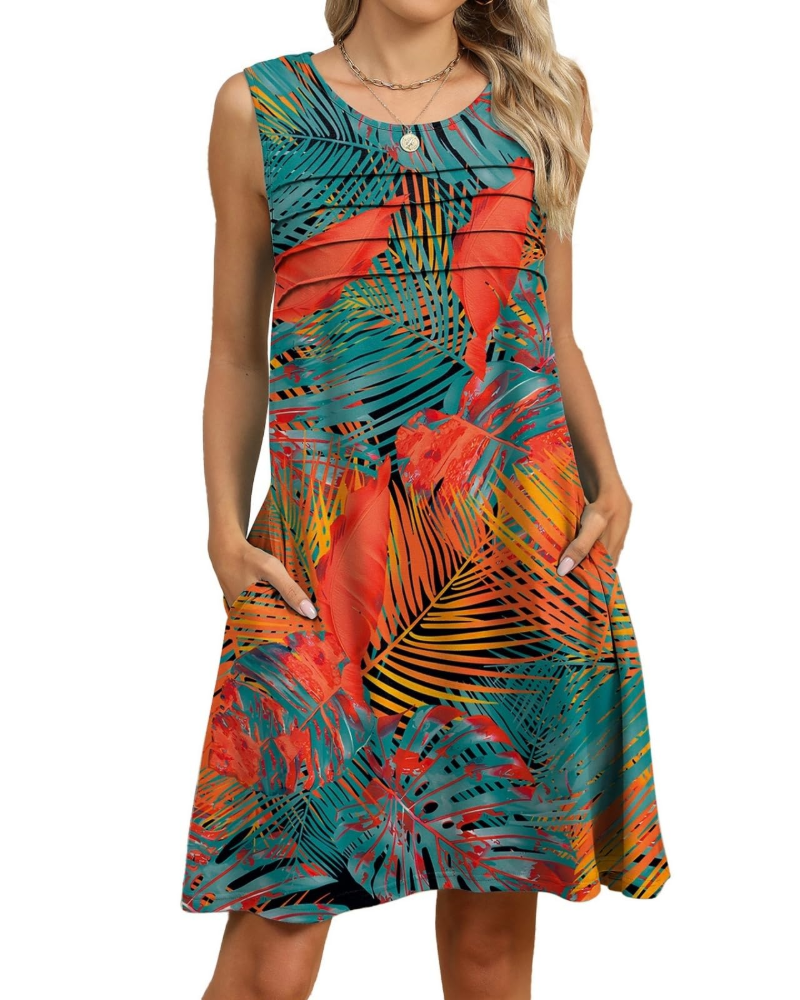 Vestito Midi Viola a Fiori da Donna – Abito Estivo Senza Maniche Plissettato con Tasche
