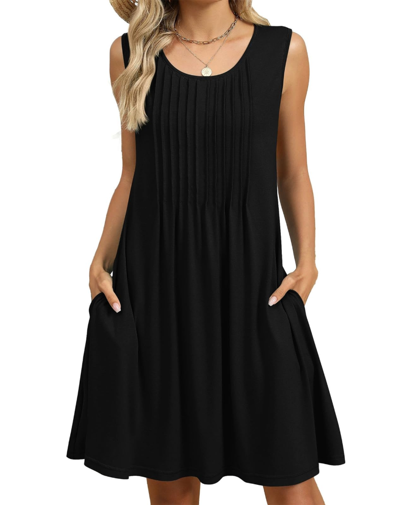 Vestito Midi Viola a Fiori da Donna – Abito Estivo Senza Maniche Plissettato con Tasche