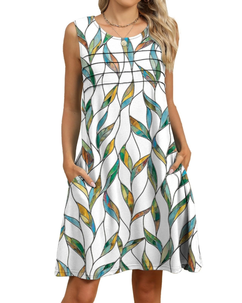 Vestito Midi Viola a Fiori da Donna – Abito Estivo Senza Maniche Plissettato con Tasche