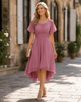 Sophie Abito Donna Midi – Abito in Mussola con Collo Tondo e Vita Plissettata Elegante per Matrimonio